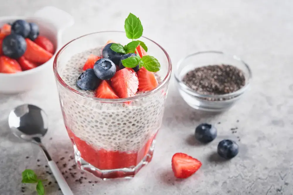 Chia Pudding Layered with Strawberries and Blueberries