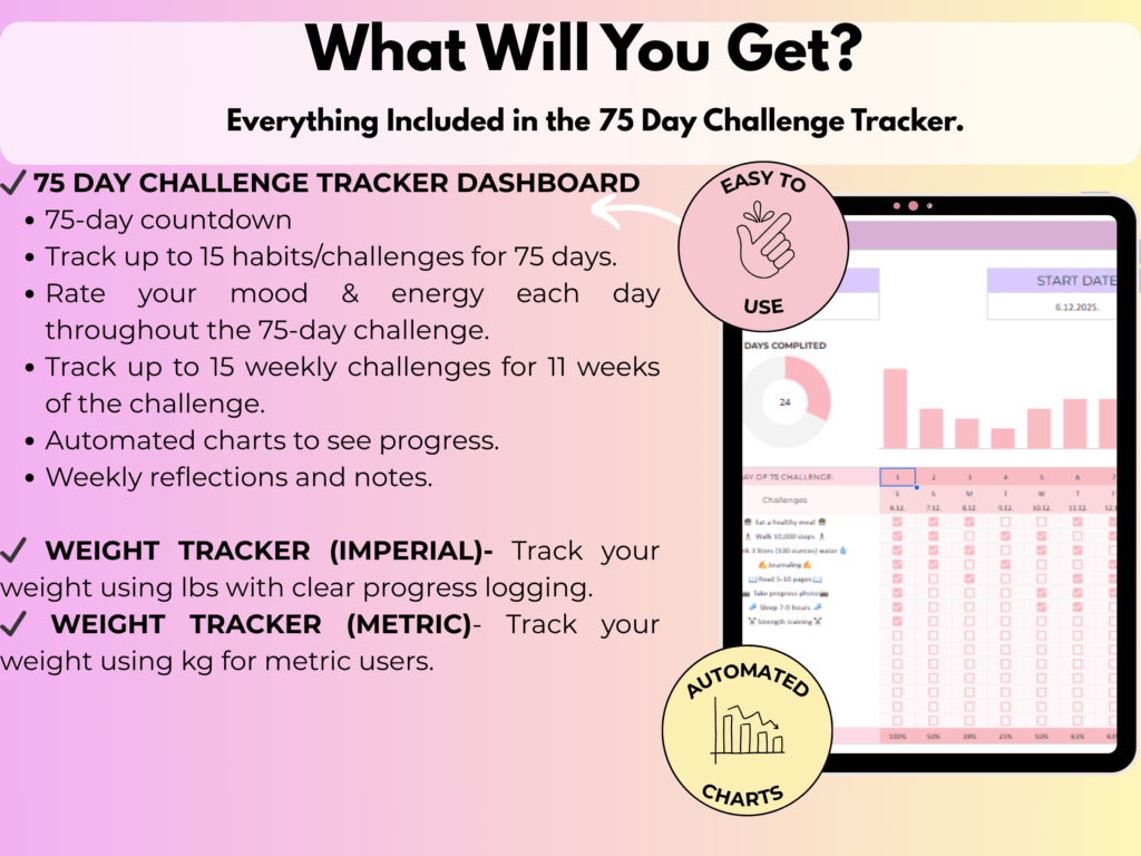 75 Day Challenge Tracker spreadsheet- What you'll get