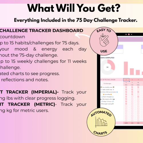 75 Day Challenge Tracker spreadsheet- What you'll get