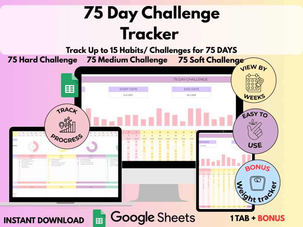 75 Day Challenge Tracker spreadsheet