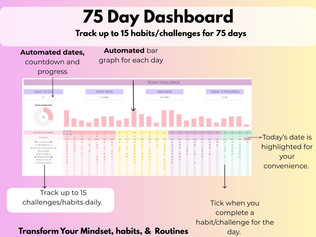75 Day Challenge Tracker spreadsheet- Main tab