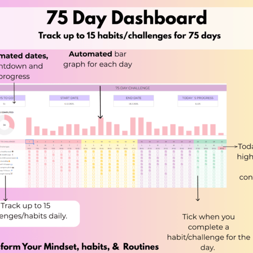 75 Day Challenge Tracker spreadsheet- Main tab