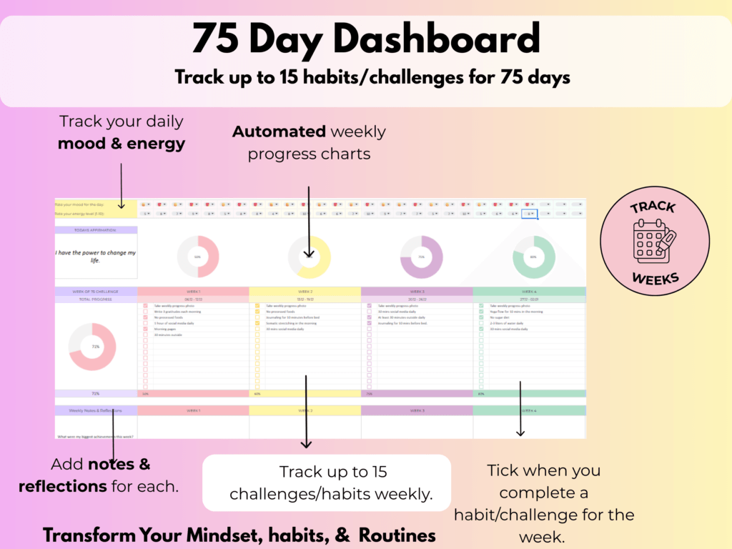 75 Day Challenge Tracker spreadsheet- Main tab with weekly tracking