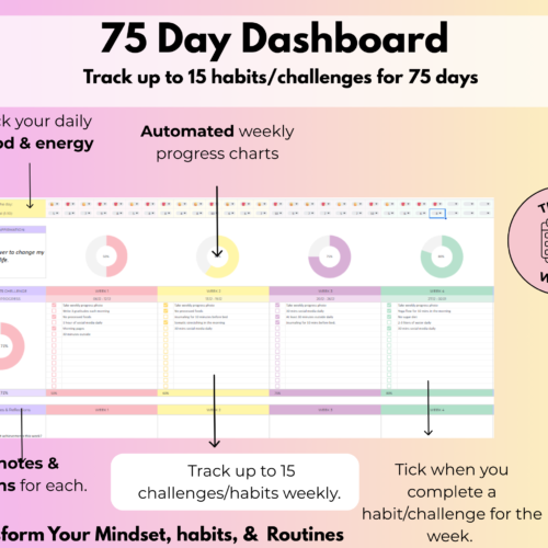 75 Day Challenge Tracker spreadsheet- Main tab with weekly tracking