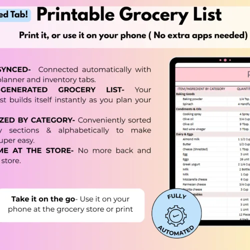 Meal planner spreadsheet- Printable grocery list