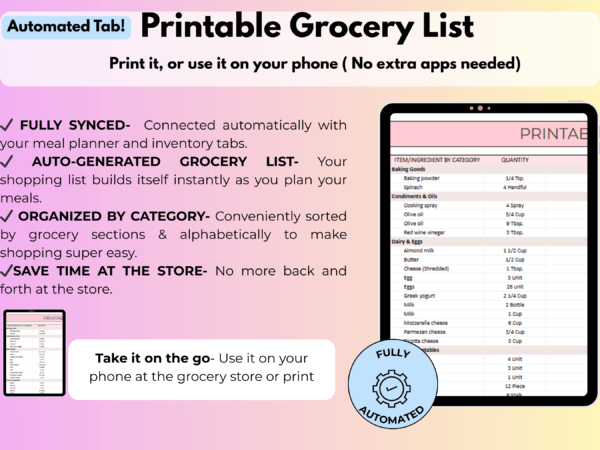 Meal planner spreadsheet- Printable grocery list