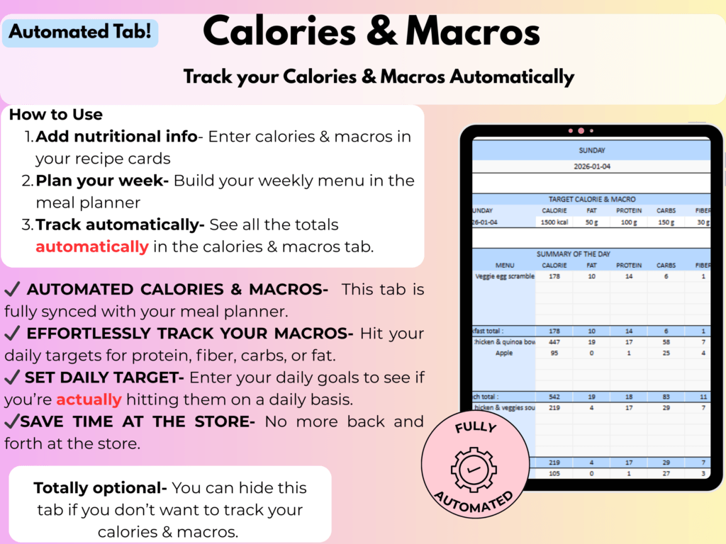 Meal planner spreadsheet- Calorie and macros tracking