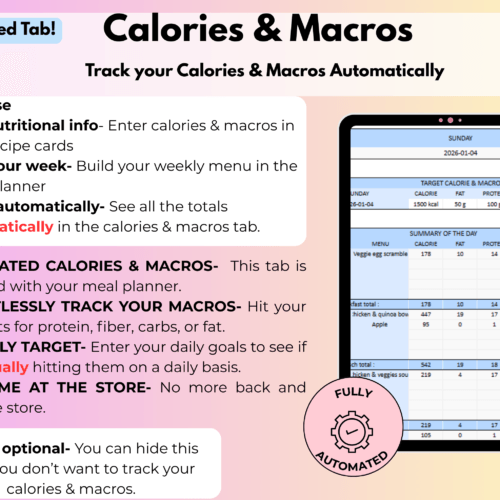 Meal planner spreadsheet- Calorie and macros tracking