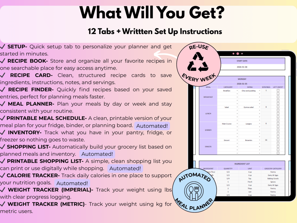 Meal planner Spreadsheet template- What You'll get