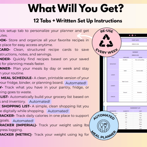 Meal planner Spreadsheet template- What You'll get