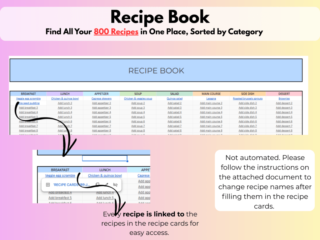 Meal planner spreadsheet-Recipe book