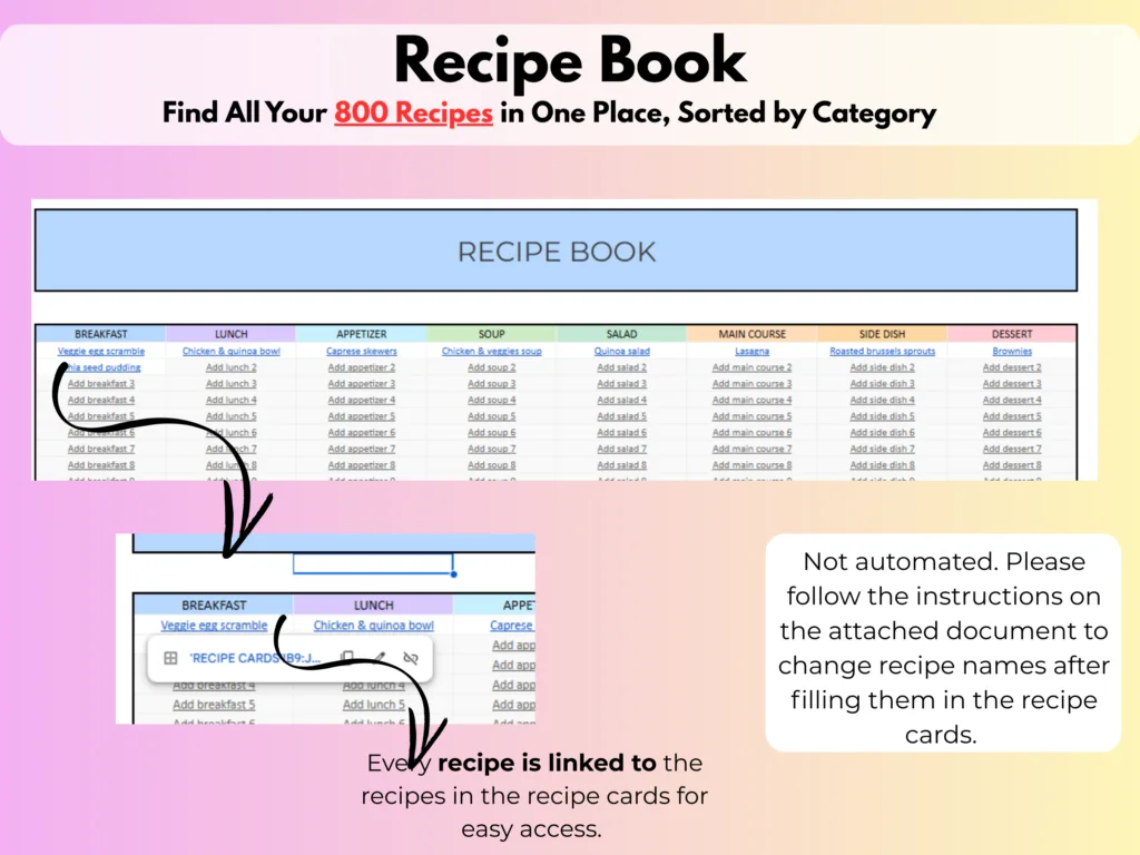 Meal planner spreadsheet-Recipe book