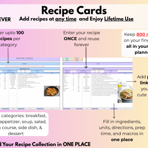 Meal planner spreadsheet- Recipe cards