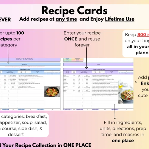 Meal planner spreadsheet- Recipe cards