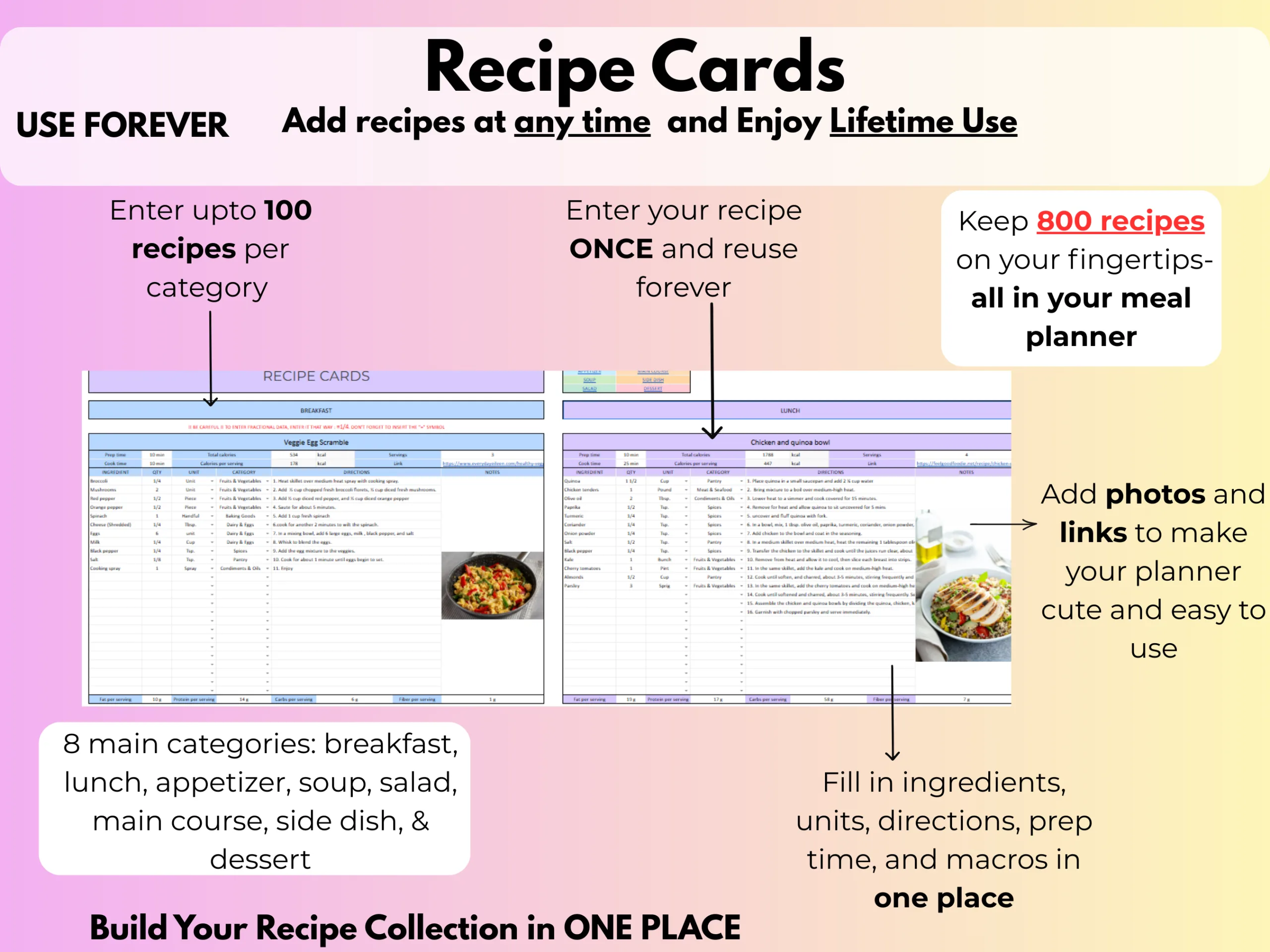 Meal planner spreadsheet- Recipe cards