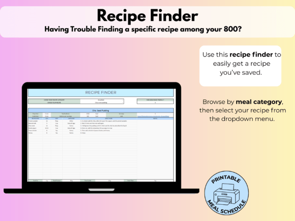 Meal planner spreadsheet- Recipe Finder