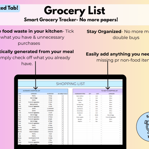 Meal planner spreadsheet- Automatic grocery list