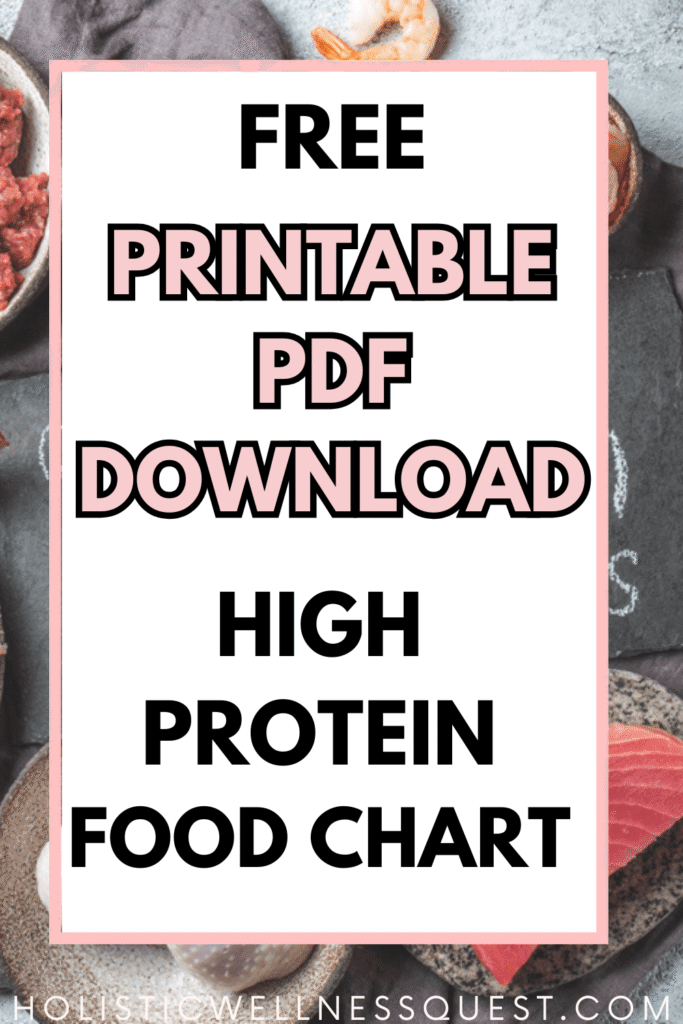 Image with a light background featuring food items around the edges such as raw meat, shrimp, and fish. In the center, a large white box with a pink border contains bold black text that reads “FREE Printable PDF Download High Protein Food Chart.”