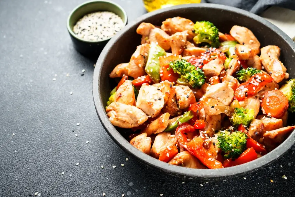 Chicken stir-fry with bell peppers, broccoli