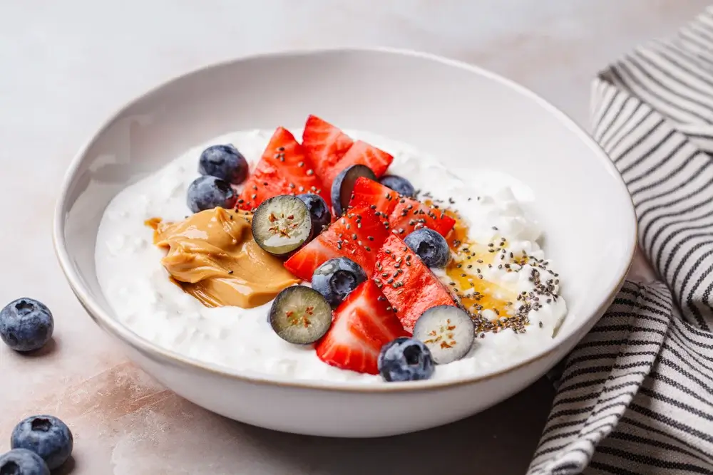 Greek yogurt bowl with mixed berries and chia seeds