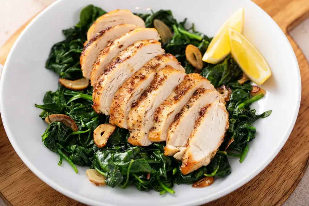 sliced-chicken-breast-with-spinach-and-lemon-wedge