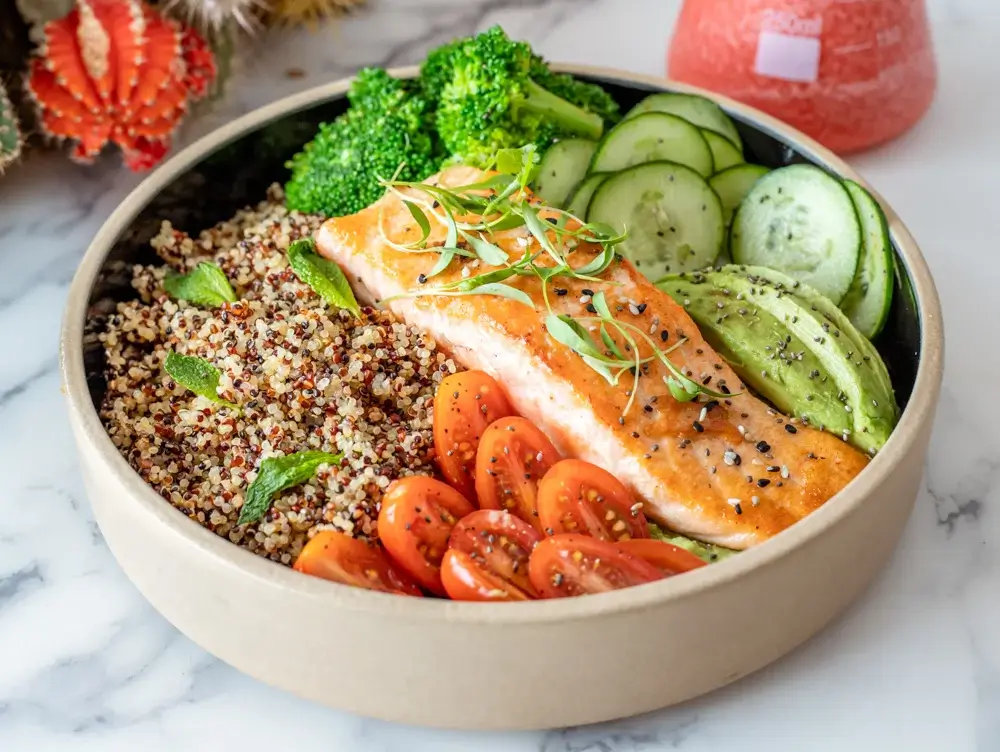 Baked salmon with roasted broccoli and quinoa